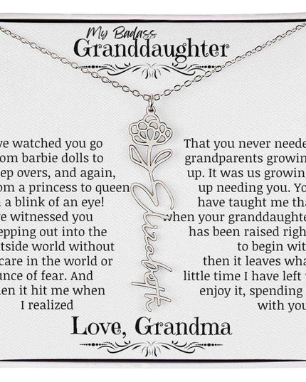 a polished stainless-steel flower name necklace for November.
