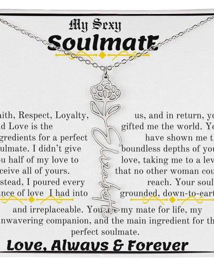 a birth flower name necklace in polished stainless steel for November.