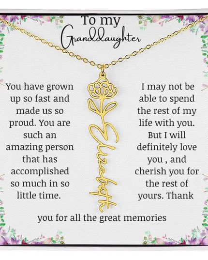 a yellow gold finish November birth flower name necklace.