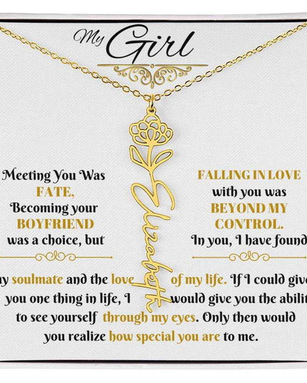 gold flower name necklace in soft box