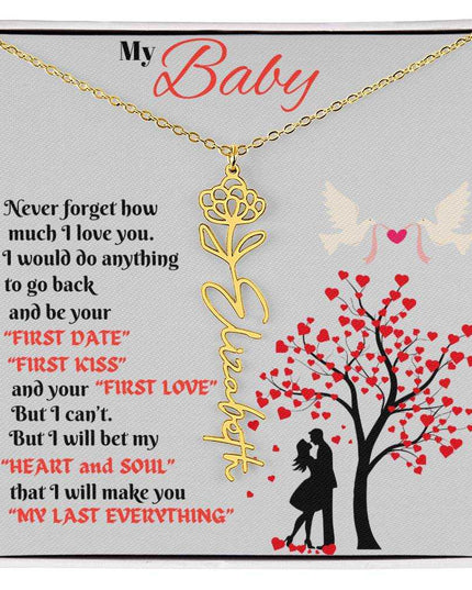 gold flower name necklace in soft box