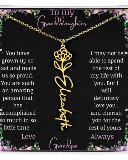Birth Flower Name Necklace with a to granddaughter from grandpa greeting card and a flower charm.