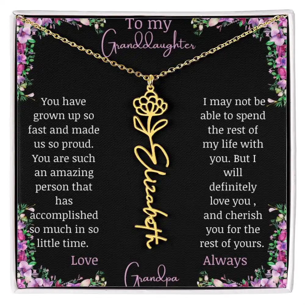 Birth Flower Name Necklace with a to granddaughter from grandpa greeting card and a flower charm.