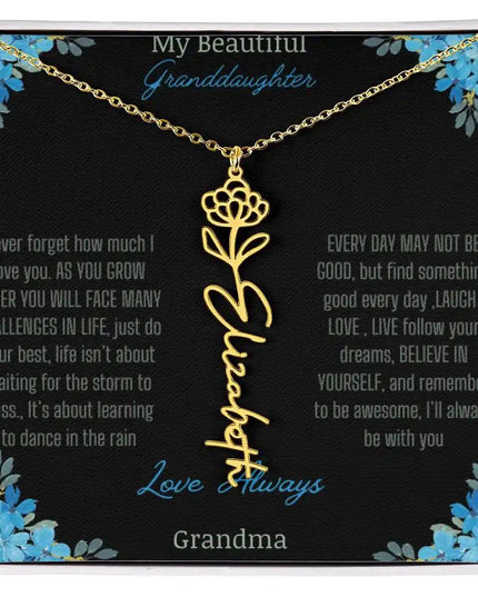 Birth Flower Name Necklace on a to granddaughter from grandma greeting card close up of a