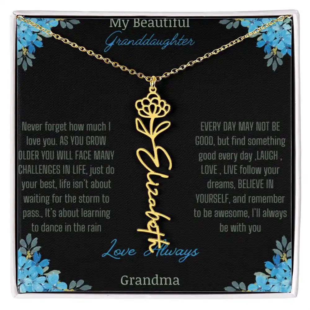 Birth Flower Name Necklace on a to granddaughter from grandma greeting card close up of a