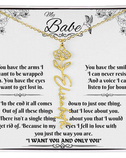 gold flower name necklace in soft box
