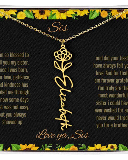 Birth Flower Name Necklace with a yellow gold variant of a flower on a To Sis from Sis message card up close