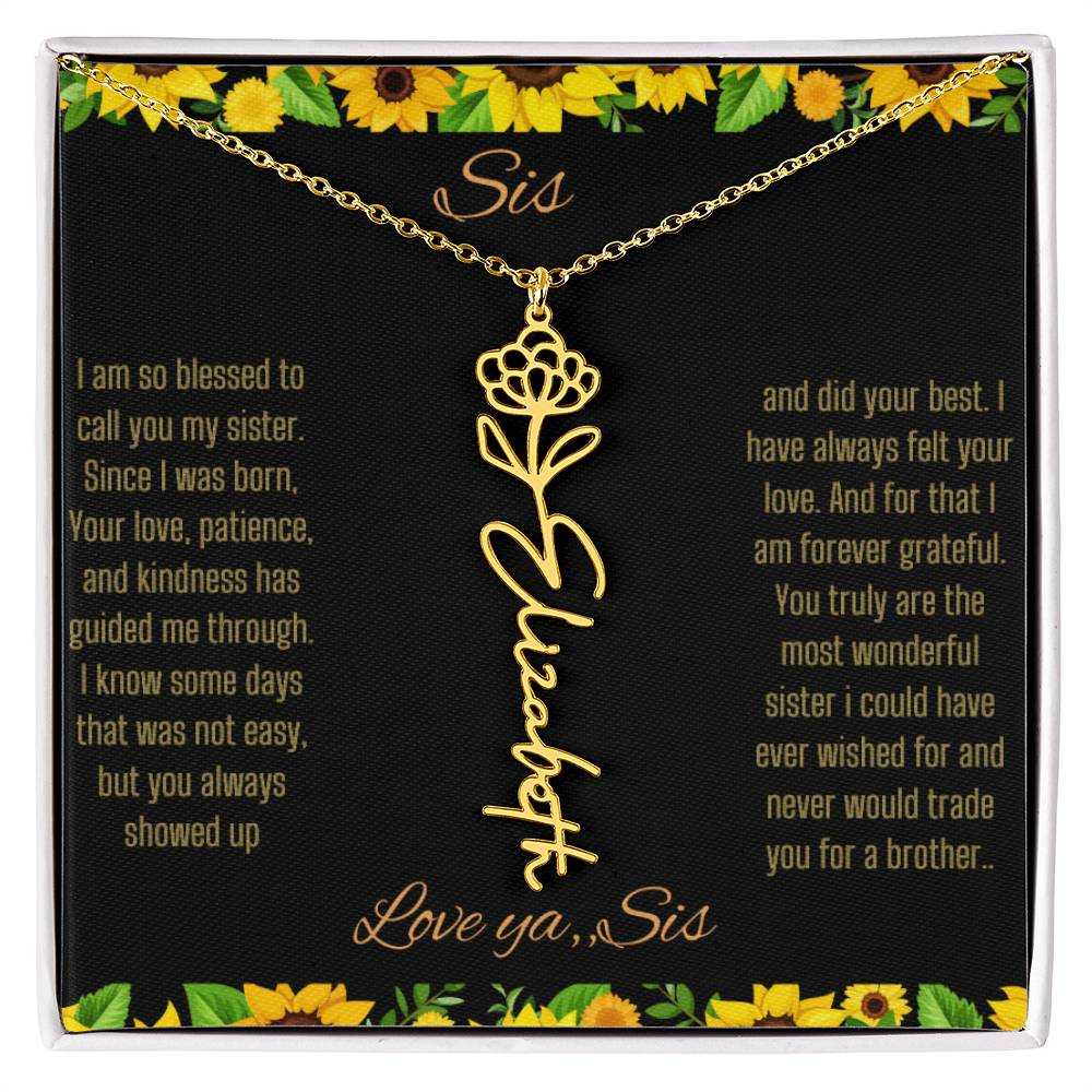 Birth Flower Name Necklace with a yellow gold variant of a flower on a To Sis from Sis message card up close