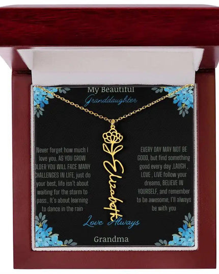 Birth Flower Name Necklace on a to granddaughter from grandma greeting card close up of a