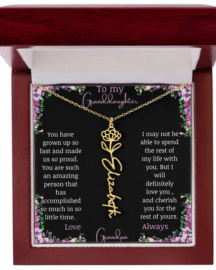Birth Flower Name Necklace with a to granddaughter from grandpa greeting card and a flower charm.