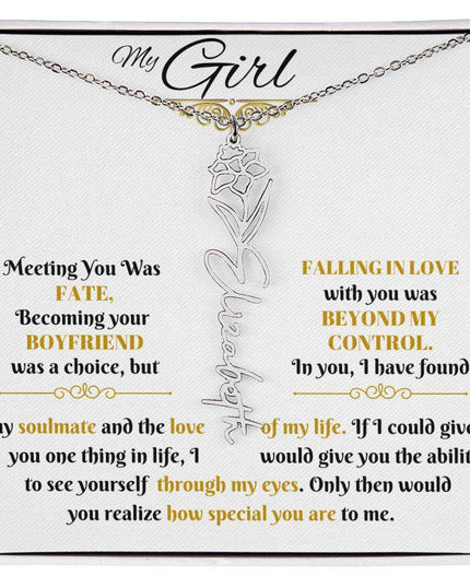 polished stainless-steel flower name necklace in soft box