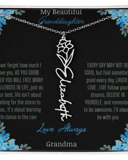 Birth Flower Name Necklace on a to granddaughter from grandma greeting card close up of a