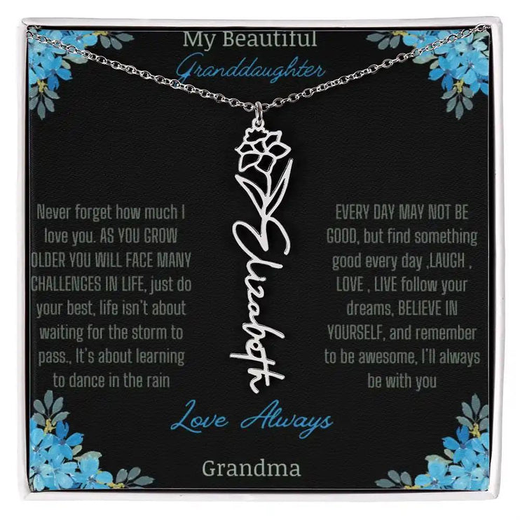 Birth Flower Name Necklace on a to granddaughter from grandma greeting card close up of a