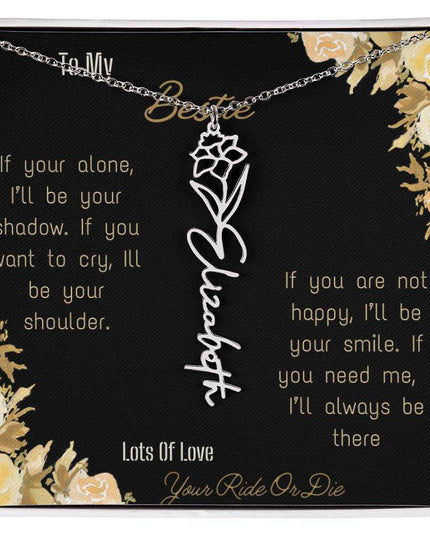 birth flower name necklace with greeting card to bestie in two tone box in polished stainless steel