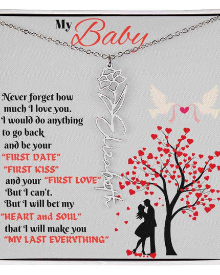 polished stainless-steel flower name necklace in soft box