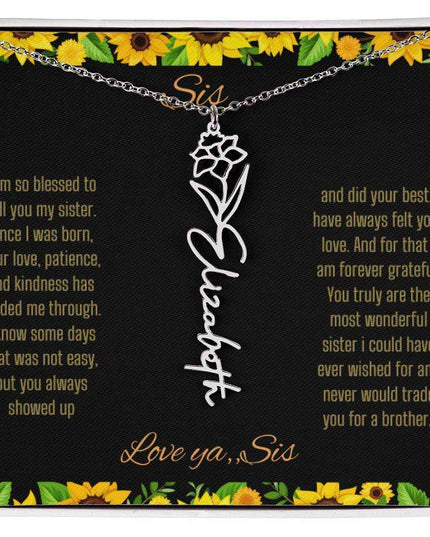 Birth Flower Name Necklace with a polished stainless-steel variant of a flower on a To Sis from Sis message card up close