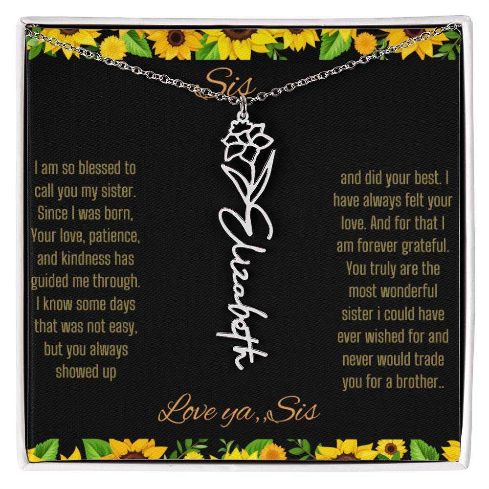 Birth Flower Name Necklace with a polished stainless-steel variant of a flower on a To Sis from Sis message card up close