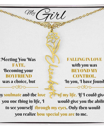 gold flower name necklace in soft box