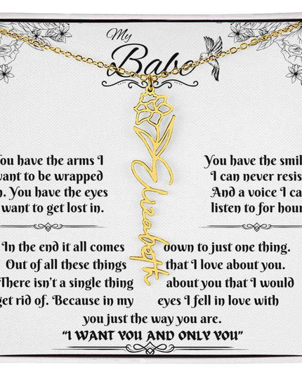 gold flower name necklace in soft box