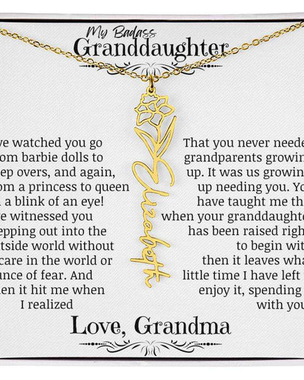 a yellow gold flower name necklace for December.