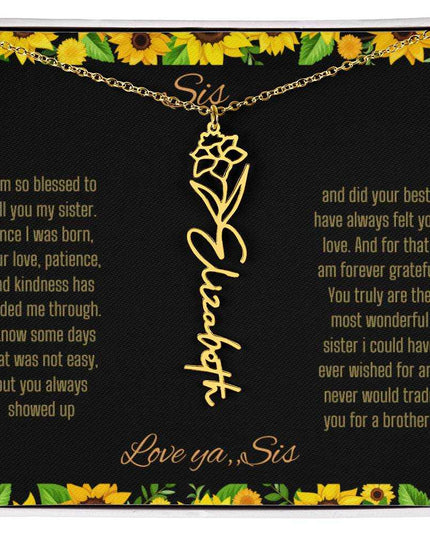 Birth Flower Name Necklace with a yellow gold variant of a flower on a To Sis from Sis message card up close