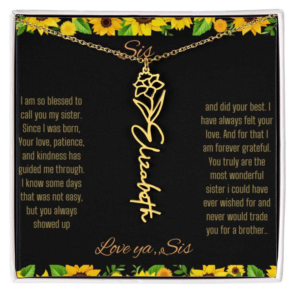 Birth Flower Name Necklace with a yellow gold variant of a flower on a To Sis from Sis message card up close