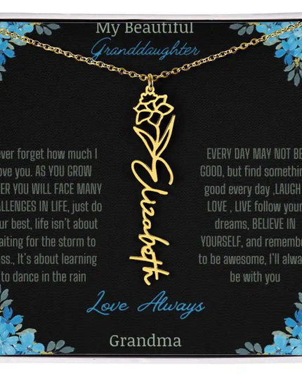 Birth Flower Name Necklace on a to granddaughter from grandma greeting card close up of a