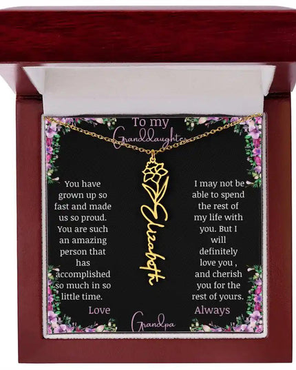 Birth Flower Name Necklace with a to granddaughter from grandpa greeting card and a flower charm.