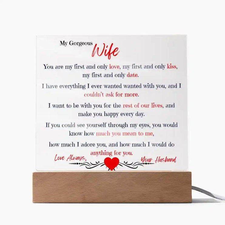 A acrylic square plaque with LED option with heartfelt message