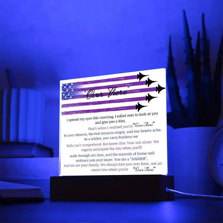 A acrylic square plaque with heartfelt message and blue light