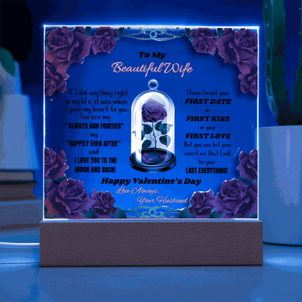 120v acrylic square plaque on table with blue light on