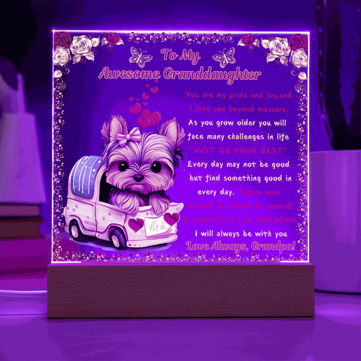 120v acrylic square plaque with purple light on