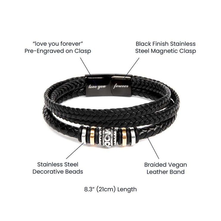 A men's love you forever bracelet showing the details of the parts