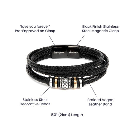 A men's love you forever bracelet on a product details breakdown.
