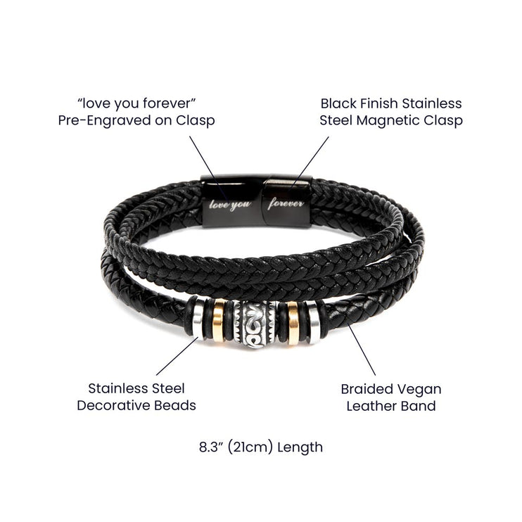 A men's love you forever bracelet on a product details breakdown.