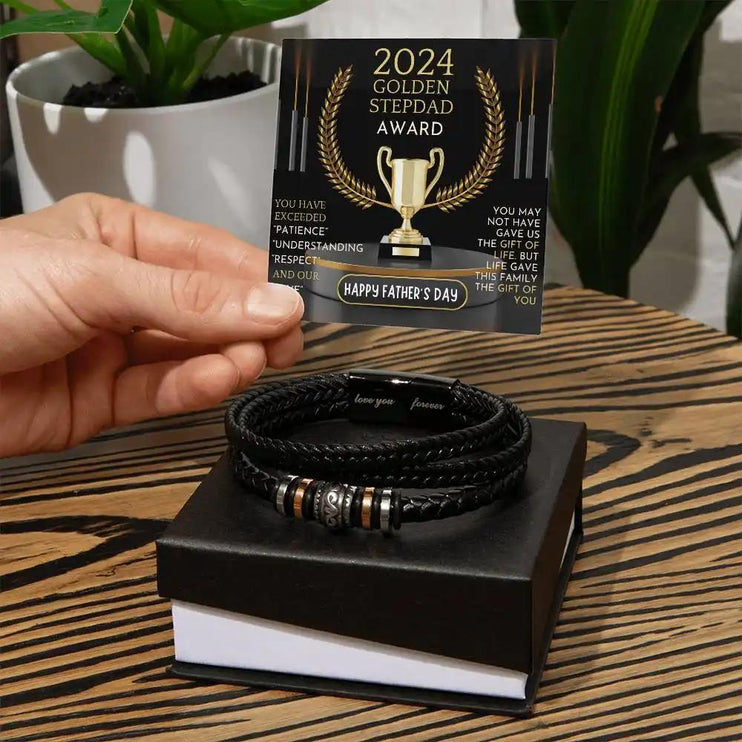 Love You Forever Bracelet in two-tone box on end table.