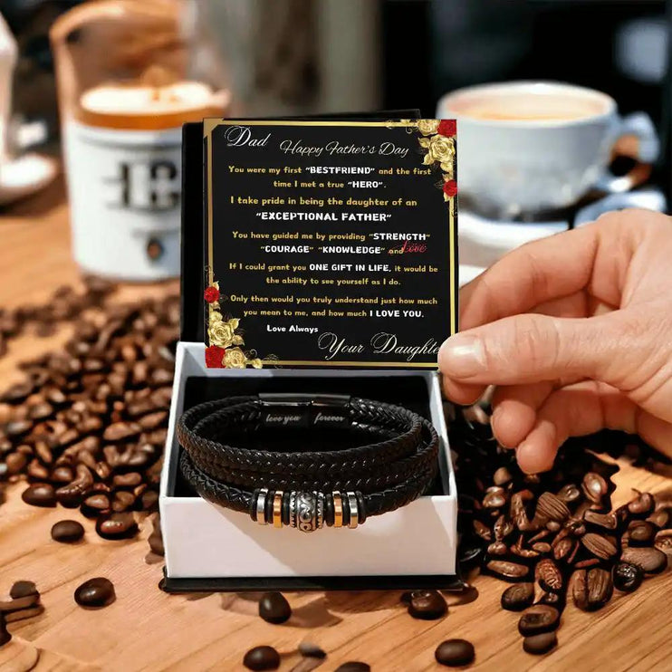 love you forever bracelet in two-tone box on coffee beans.