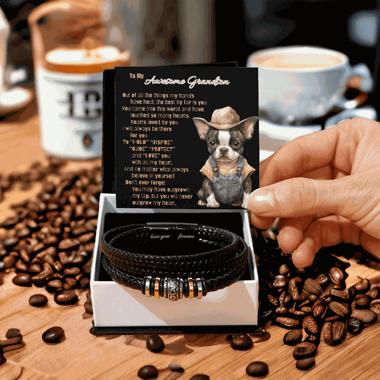 love you forever bracelet in a soft box on coffee beans