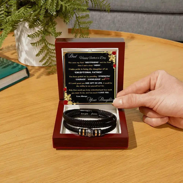 love you forever bracelet in mahogany box on kitchen table.