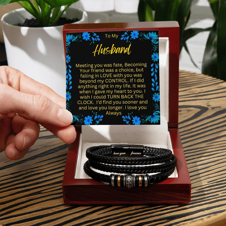 Men's Love You Forever Bracelet with vegan leather strap in mahogany box angle 12