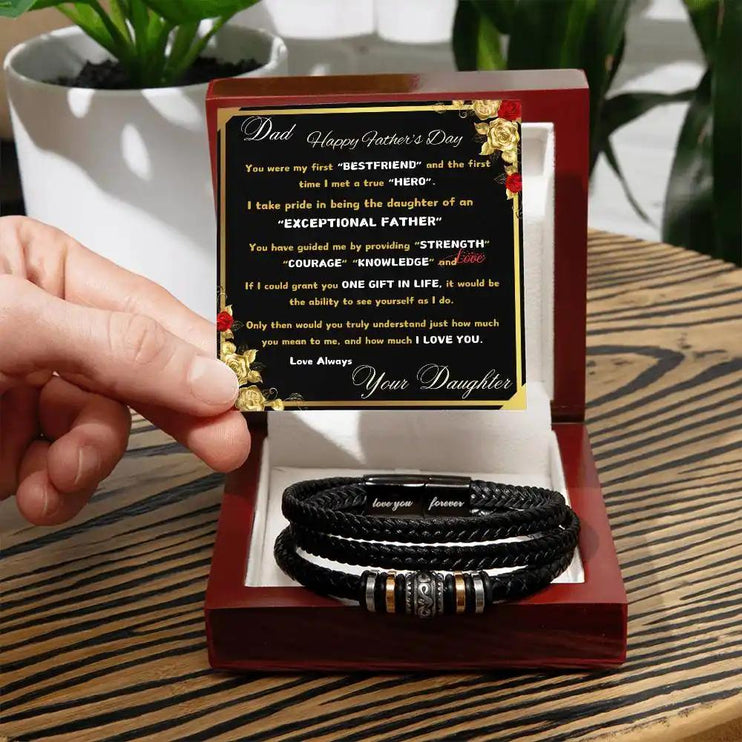 love you forever bracelet in mahogany box on table.