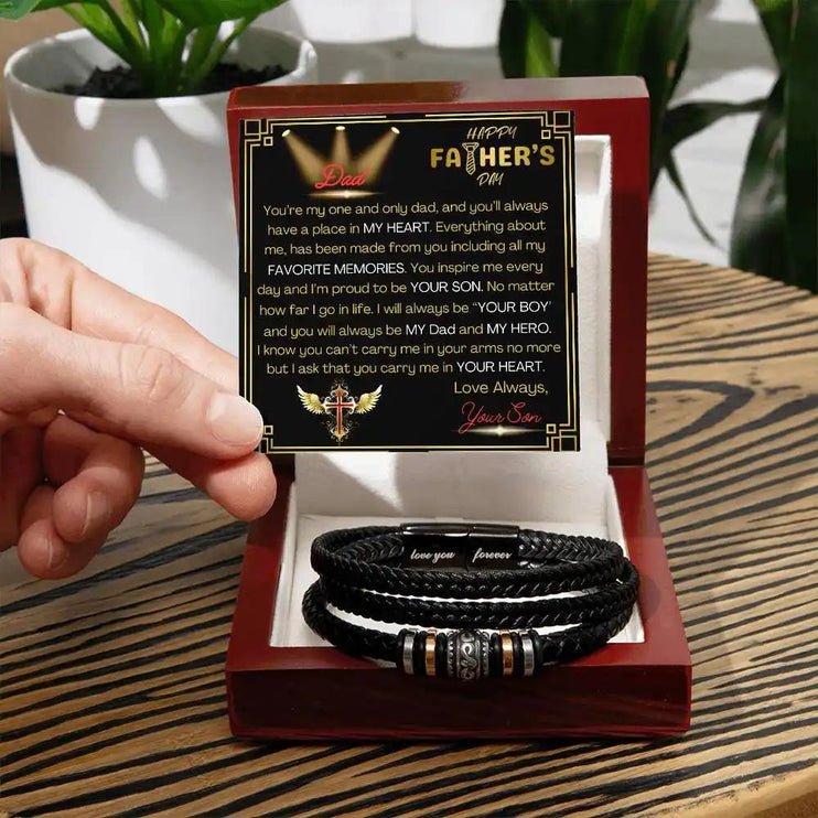 love you forever bracelet in mahogany box on table.