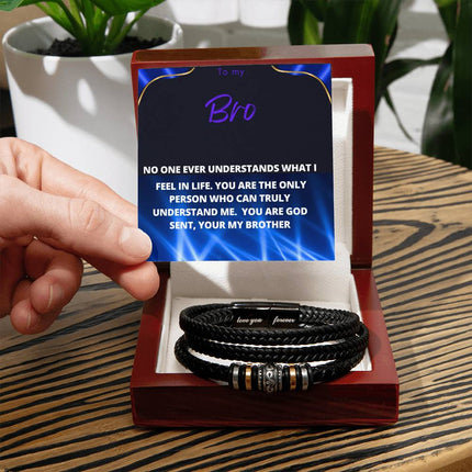 Men's Love You Forever Bracelet with vegan leather strap in a mahogany box angle 2