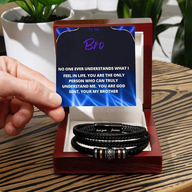 Men's Love You Forever Bracelet with vegan leather strap in a mahogany box angle 2