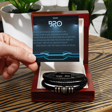 Men's Love You Forever Bracelet in vegan leather and comes in a mahogany box with LED light
