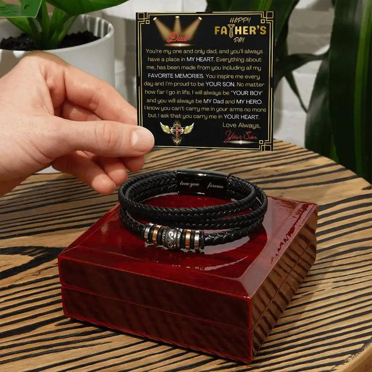 love you forever bracelet on closed mahogany box on end table.