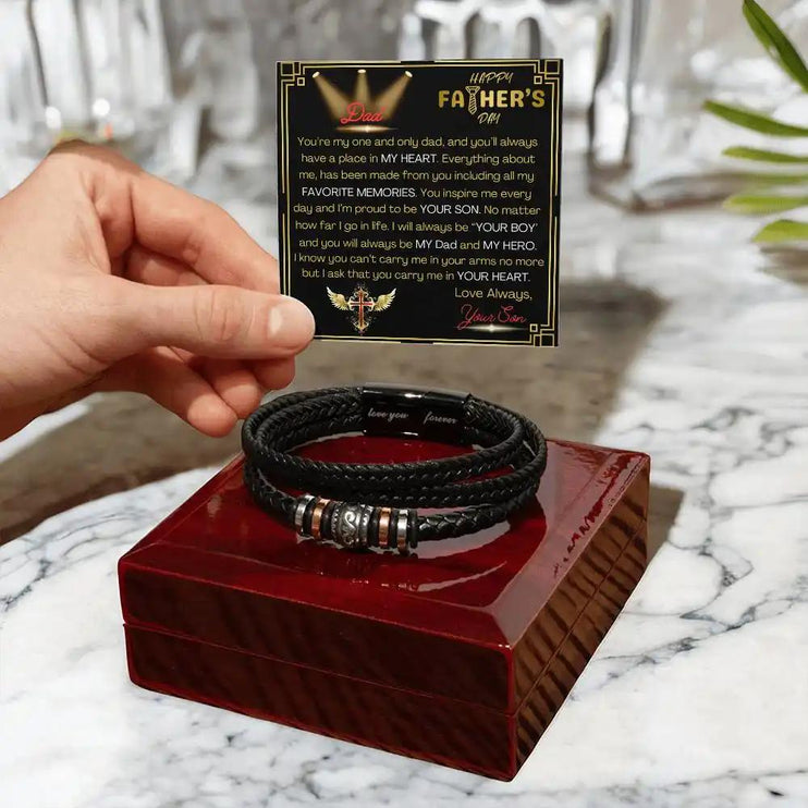 love you forever bracelet on top of closed mahogany box.
