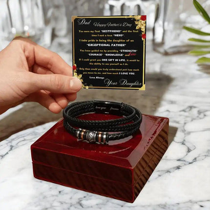 love you forever bracelet in a closed mahogany box in bathroom.