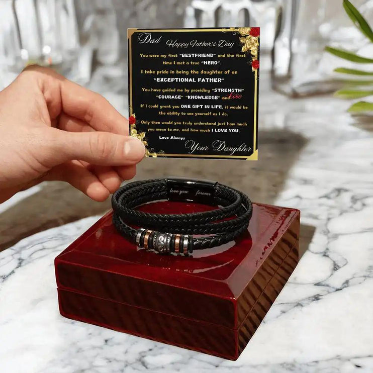 love you forever bracelet in a closed mahogany box in bathroom.