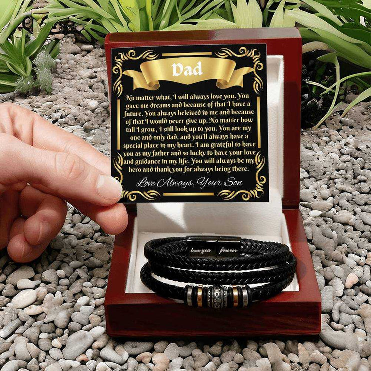 love you forever bracelet in a luxury box with model holding card on a table